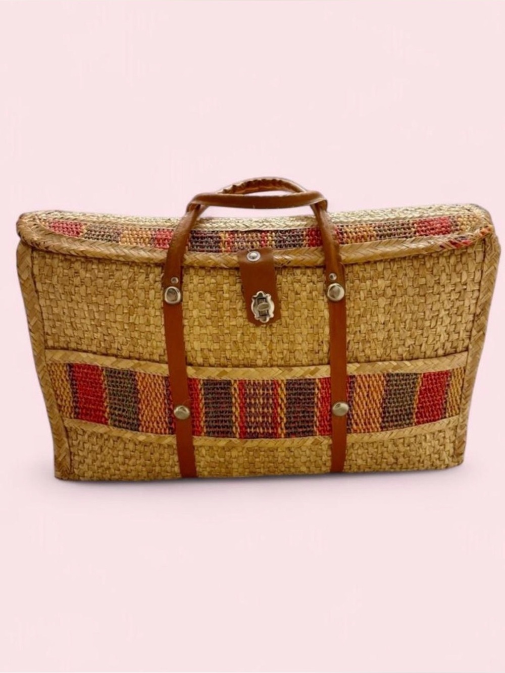 Vintage 70s Woven Straw Suitcase Basket Bag Striped Raffia Market Tote Boho